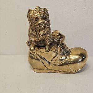 Yorkshire Terrier Dog in shoe / Boot Brass Figurine puppy sitting Vintage